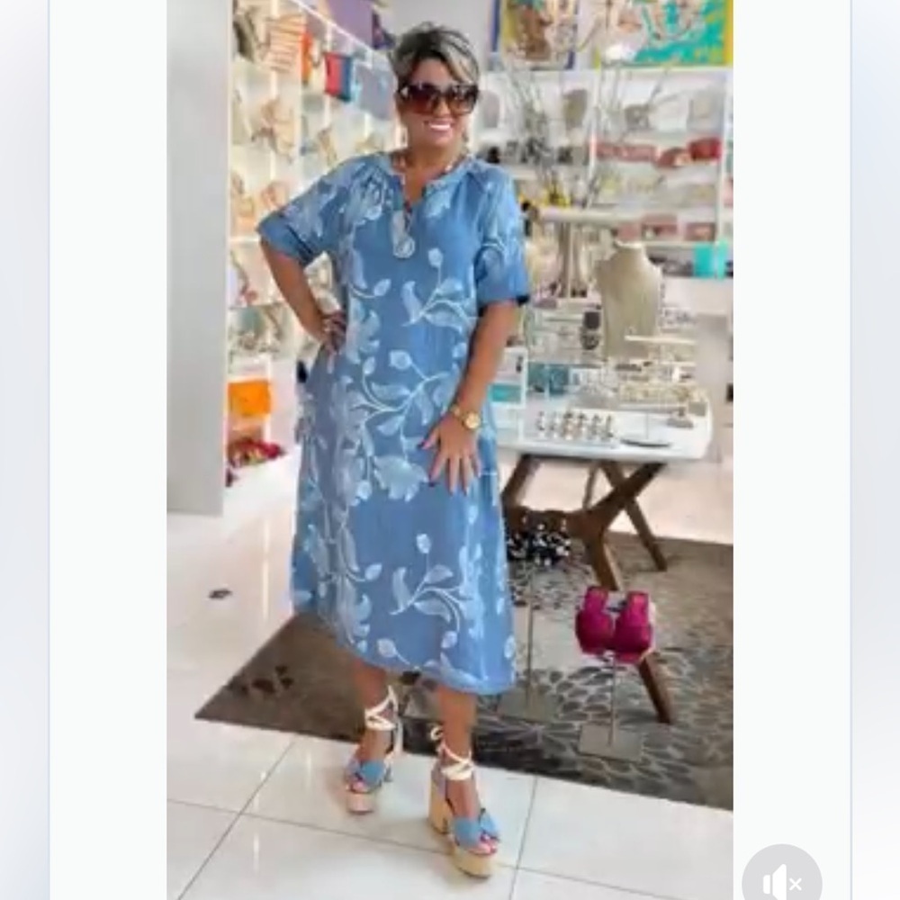 Puro Lino 100% Linen Made in Italy Blue and White Floral Midi Dress Size OS